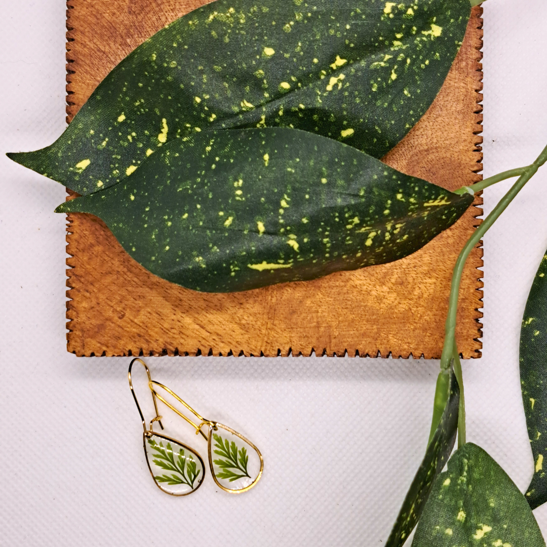 Small Tear Drop Dangle Earring - Real Pressed Leaf in Resin Set in Gold-Plated Stainless Steel