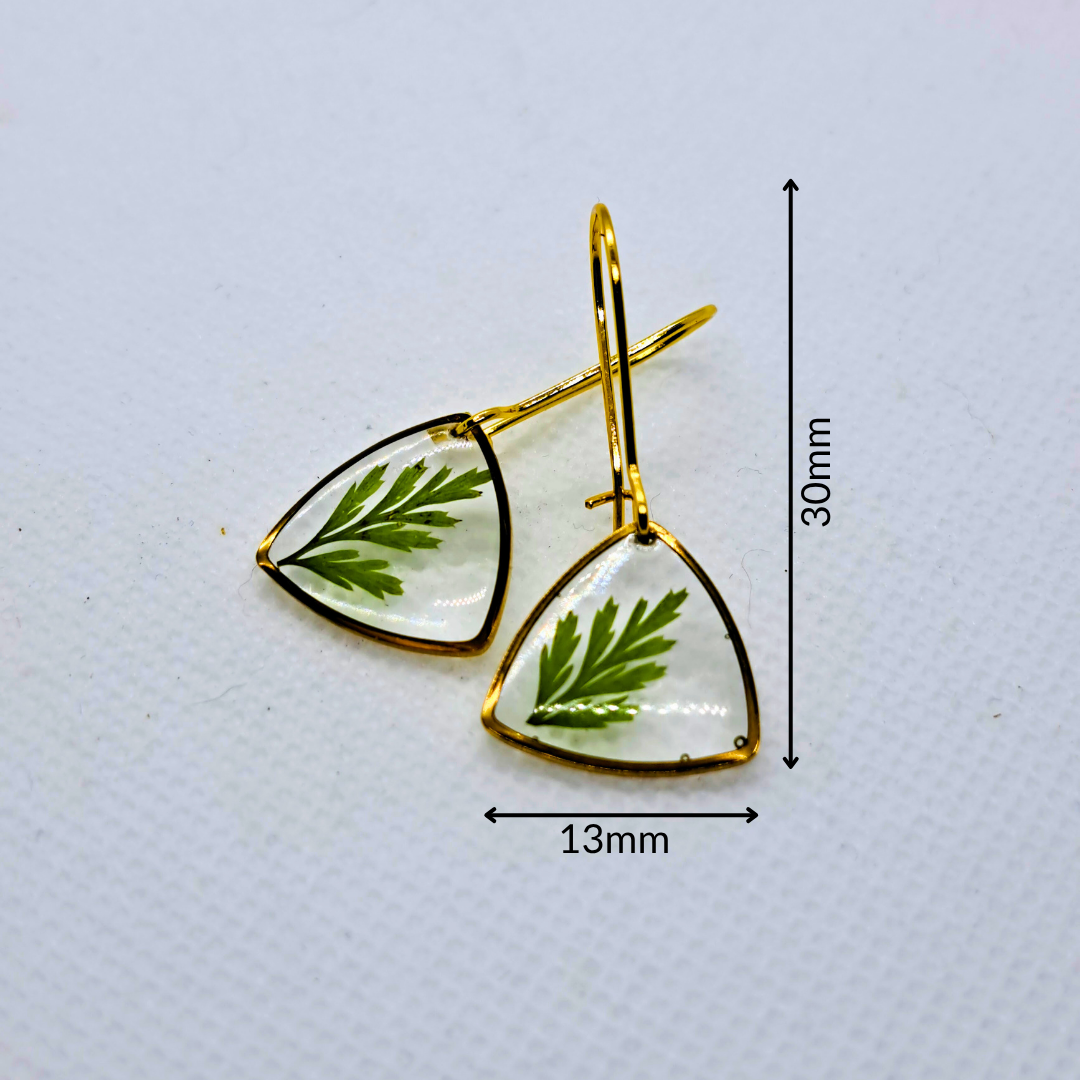 Small Curved Triangle Dangle Earring - Real Pressed Leaf in Resin Set in Gold-Plated Stainless Steel