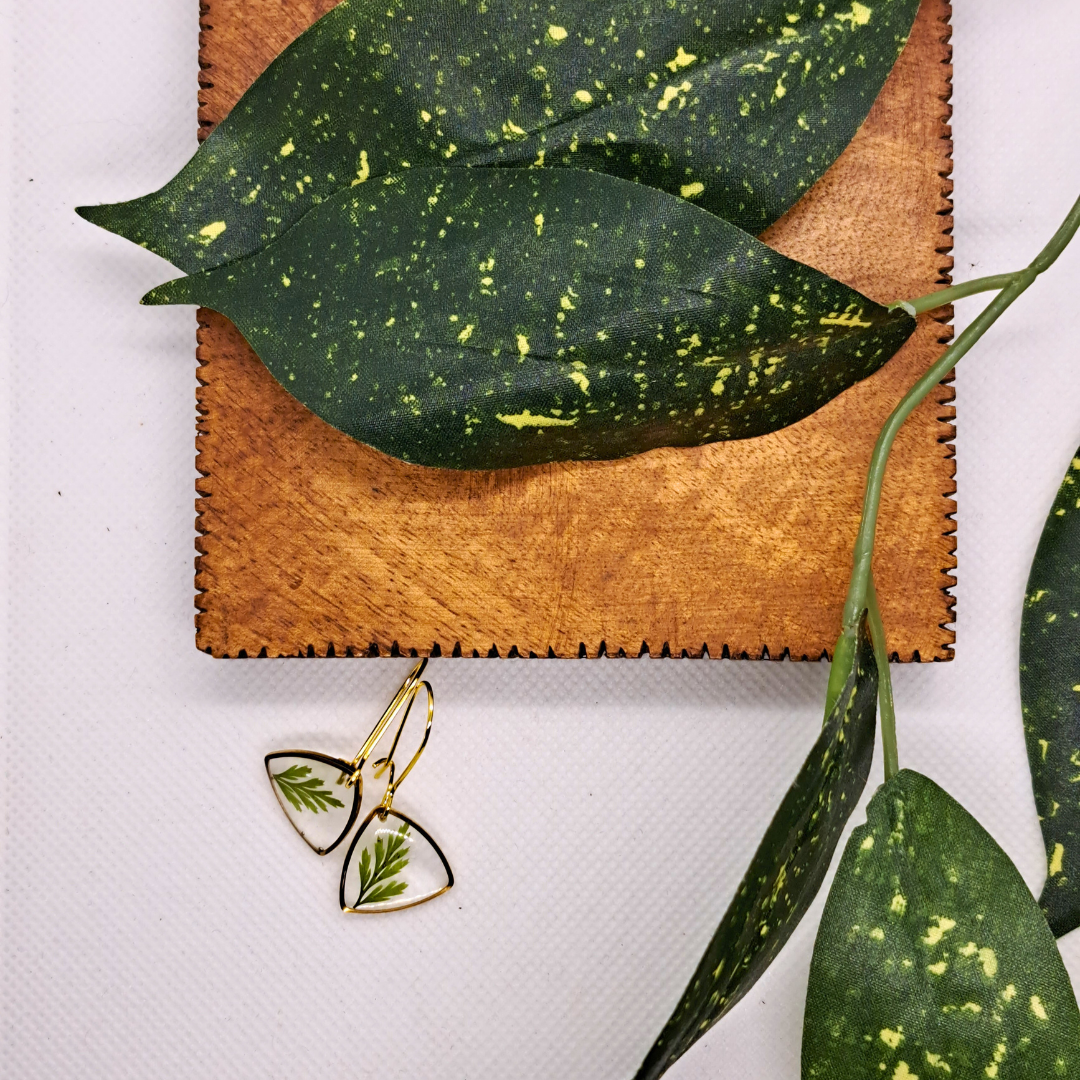 Small Curved Triangle Dangle Earring - Real Pressed Leaf in Resin Set in Gold-Plated Stainless Steel
