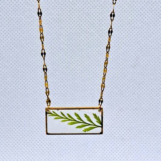 Medium Rectangle Necklace (Chain 45+5cm) - Real Pressed Leaf in Resin Set in Gold-Plated Stainless Steel