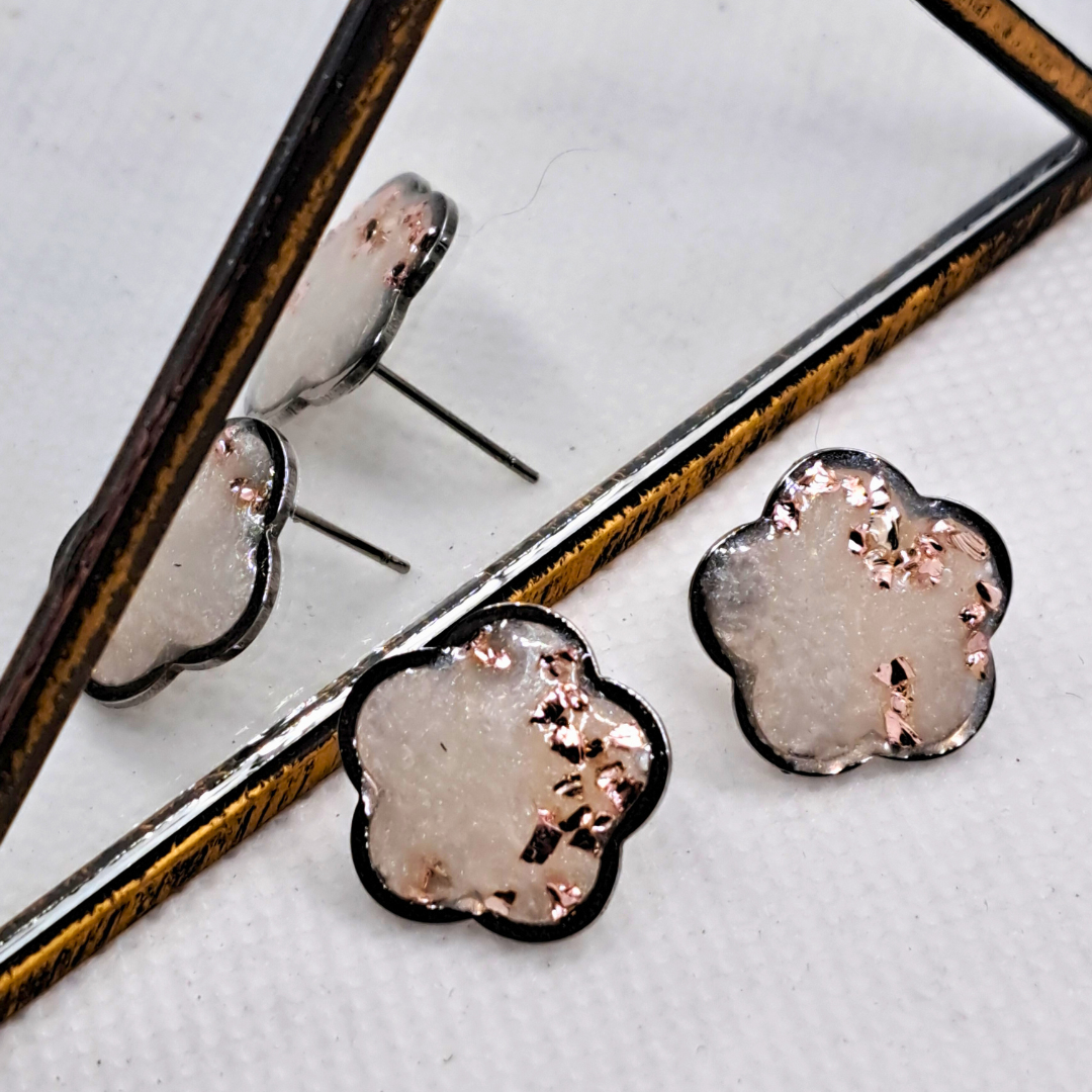 Small Flower Stud Earring - with Pink Crushed Glass in White Resin Set in Stainless Steel