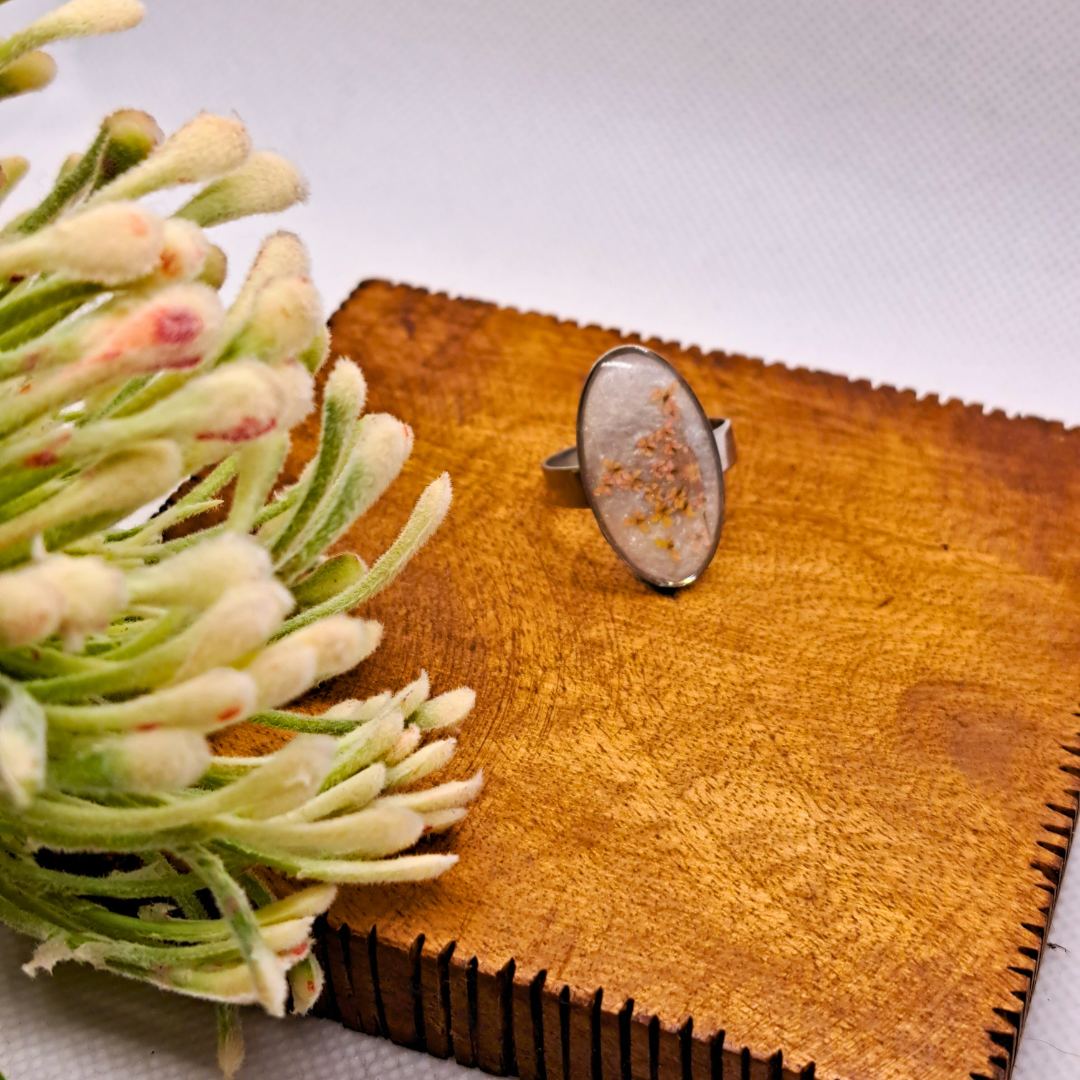 Medium Oval Ring - Real Pink Pressed Flowers in White Resin Set in Stainless Steel
