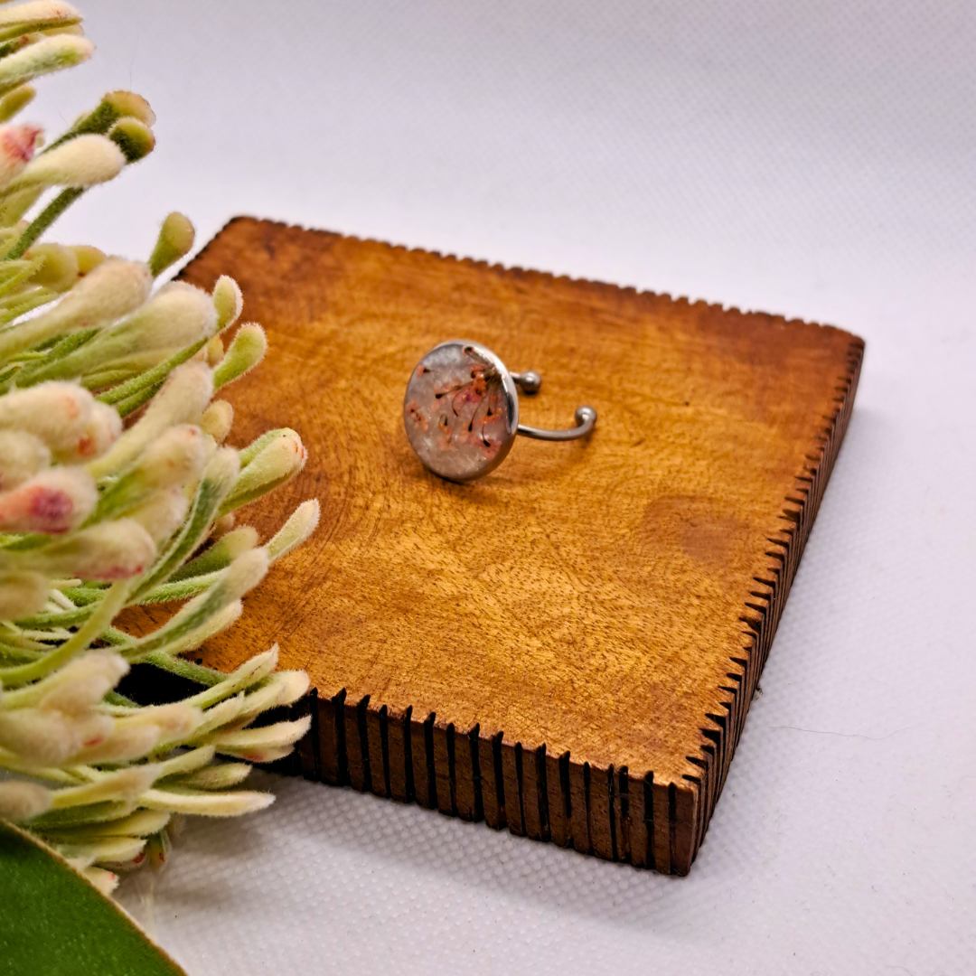 Medium Round Ring - Real Pink Pressed Flowers in White Resin Set in Stainless Steel