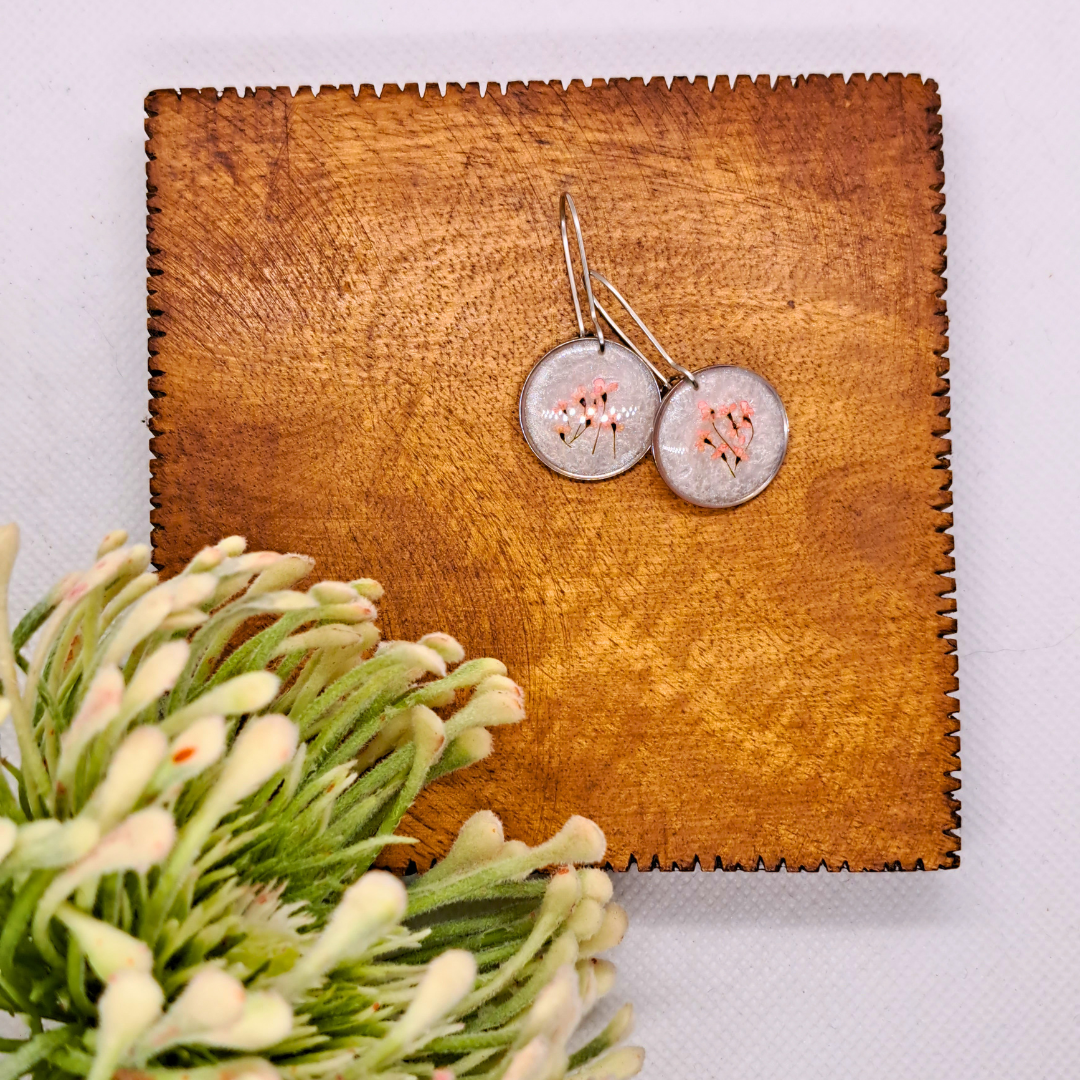 Small Round Dangle Earring - Real Pink Pressed Flowers in White Resin Set in Stainless Steel