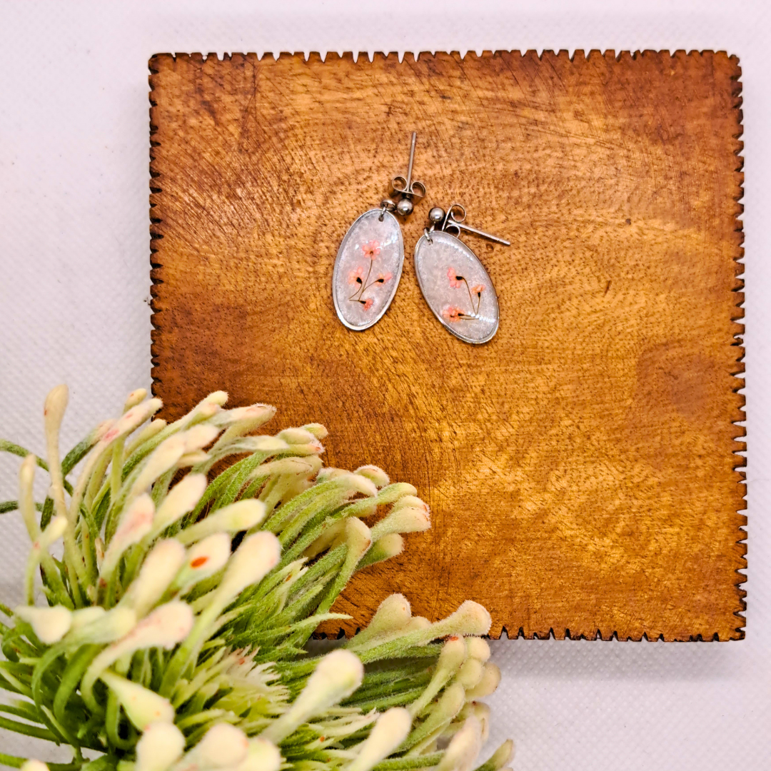 Small Oval Dangle Earring - Real Pink Pressed Flowers in White Resin Set in Stainless Steel