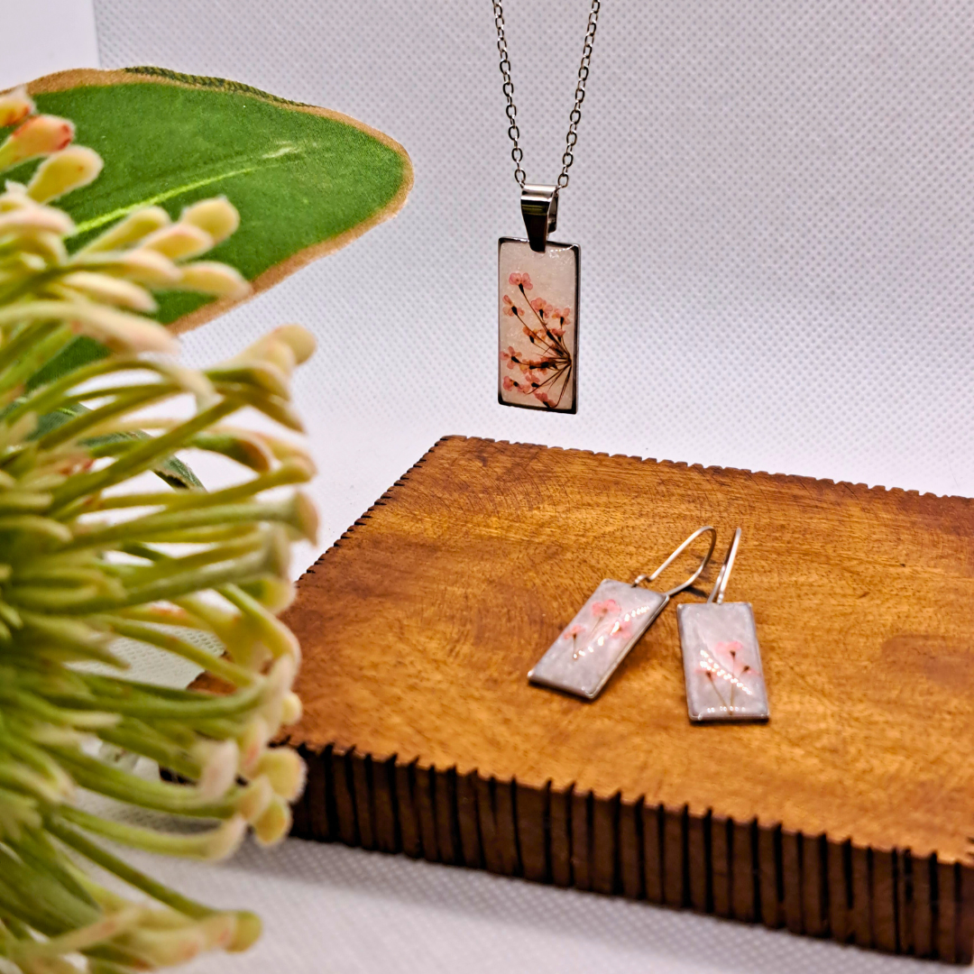 Medium Rectangle Necklace (Chain 45+5cm) - Real Pink Pressed Flowers in White Resin Set in Stainless Steel