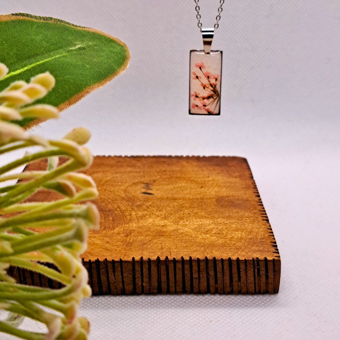 Medium Rectangle Necklace (Chain 45+5cm) - Real Pink Pressed Flowers in White Resin Set in Stainless Steel