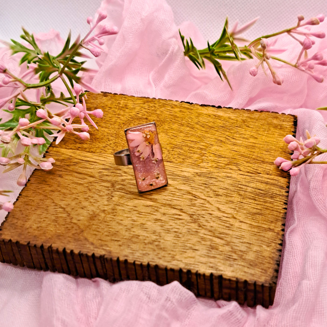 Medium Rectangle Ring - Real Pink and White Pressed Flowers in Pink Resin Set in Stainless Steel