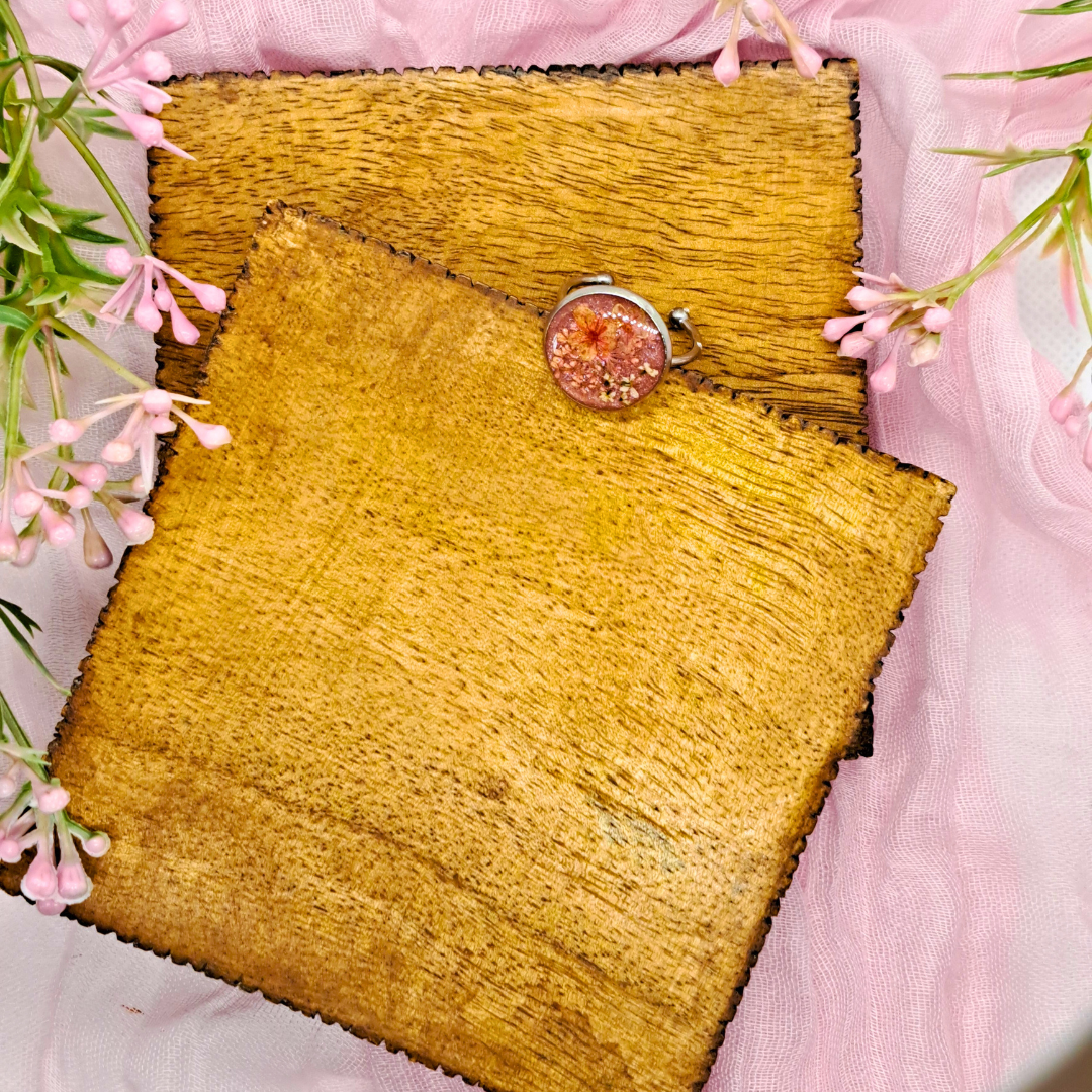 Medium Round Ring - Real Pink and White Pressed Flowers in Pink Resin Set in Stainless Steel
