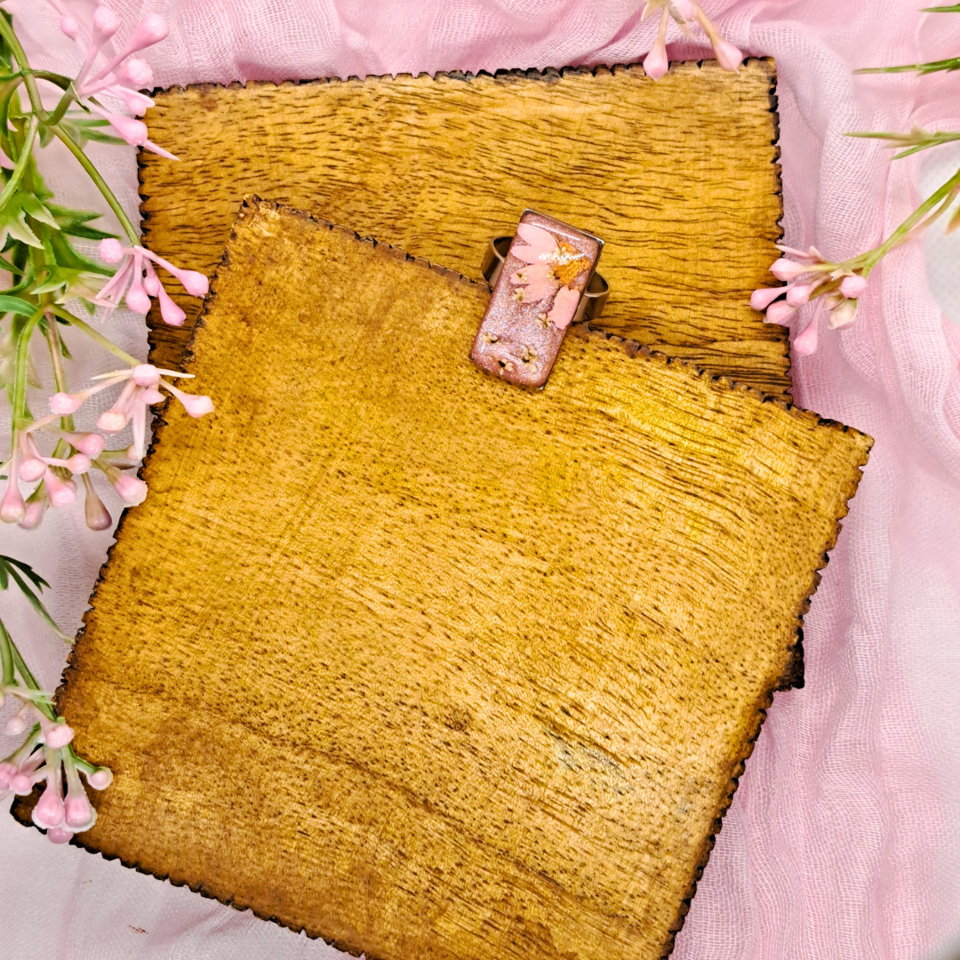 Medium Rectangle Ring - Real Pink and White Pressed Flowers in Pink Resin Set in Stainless Steel