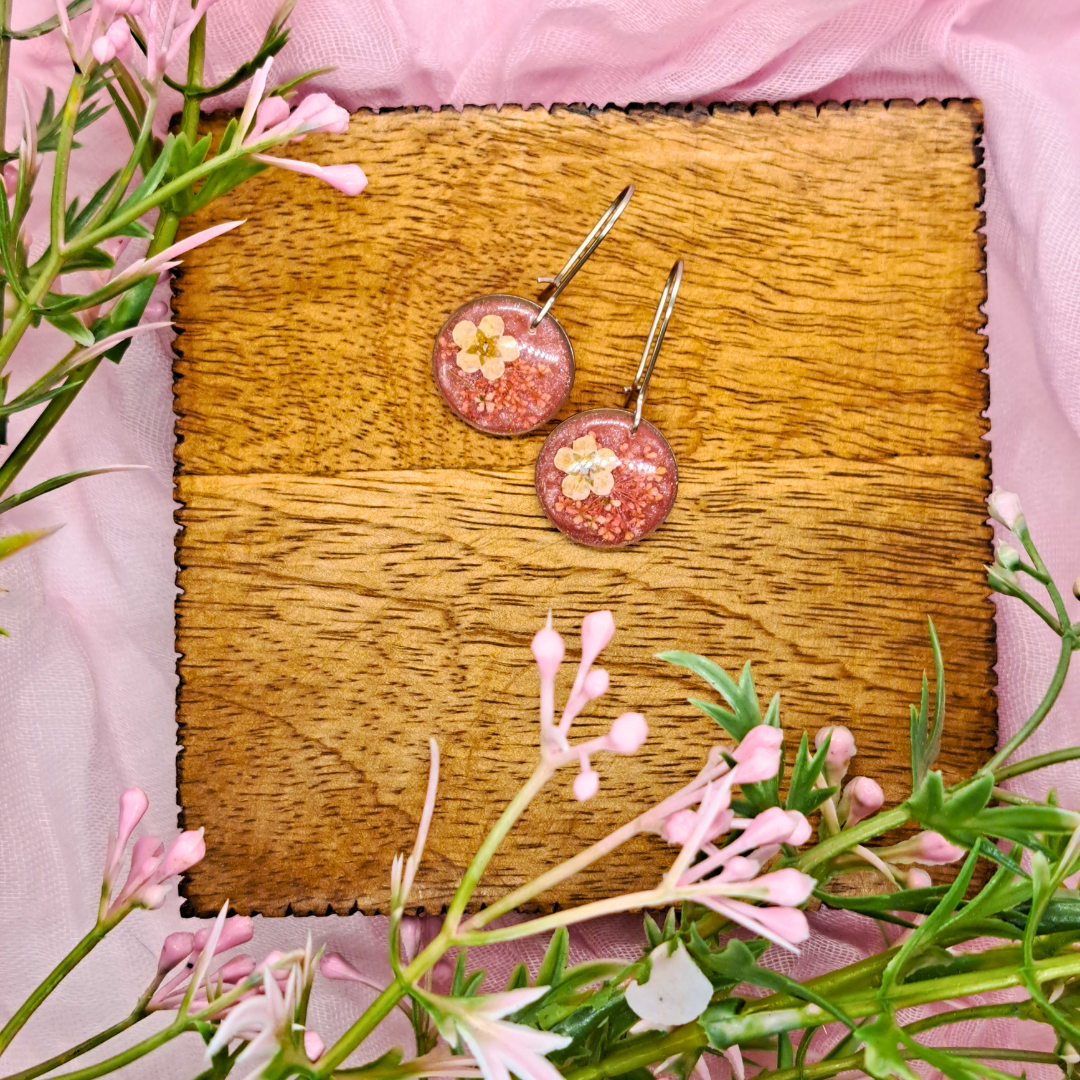 Small Round Dangle Earring - Real Pink and White Pressed Flowers in Pink Resin Set in Stainless Steel