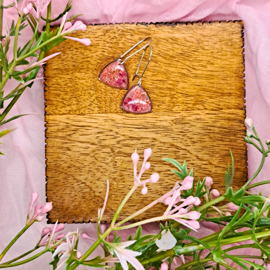 Small Curved Triangle Dangle Earring - Real Pink and White Pressed Flowers in Pink Resin Set in Stainless Steel