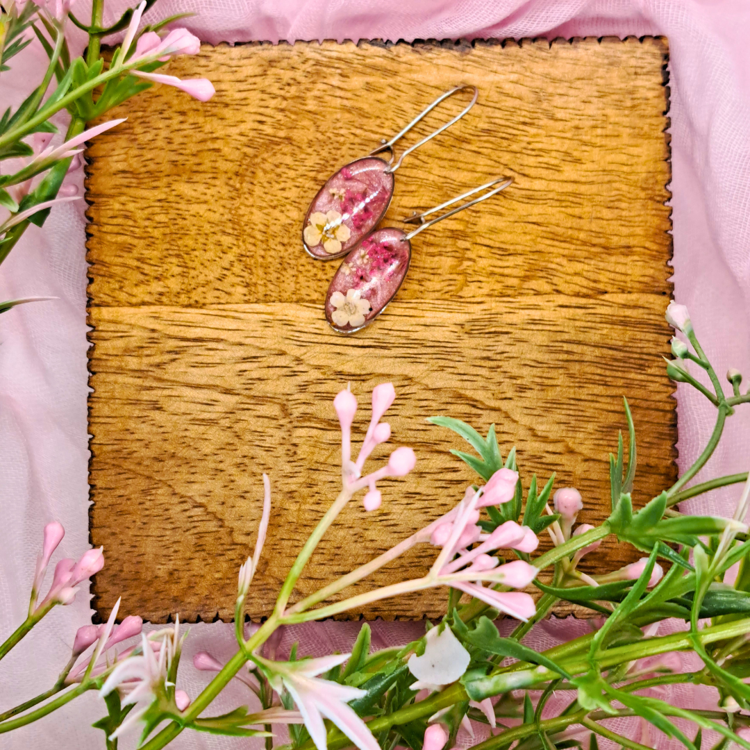Small Oval Dangle Earring - Real Pink and White Pressed Flowers in Pink Resin Set in Stainless Steel