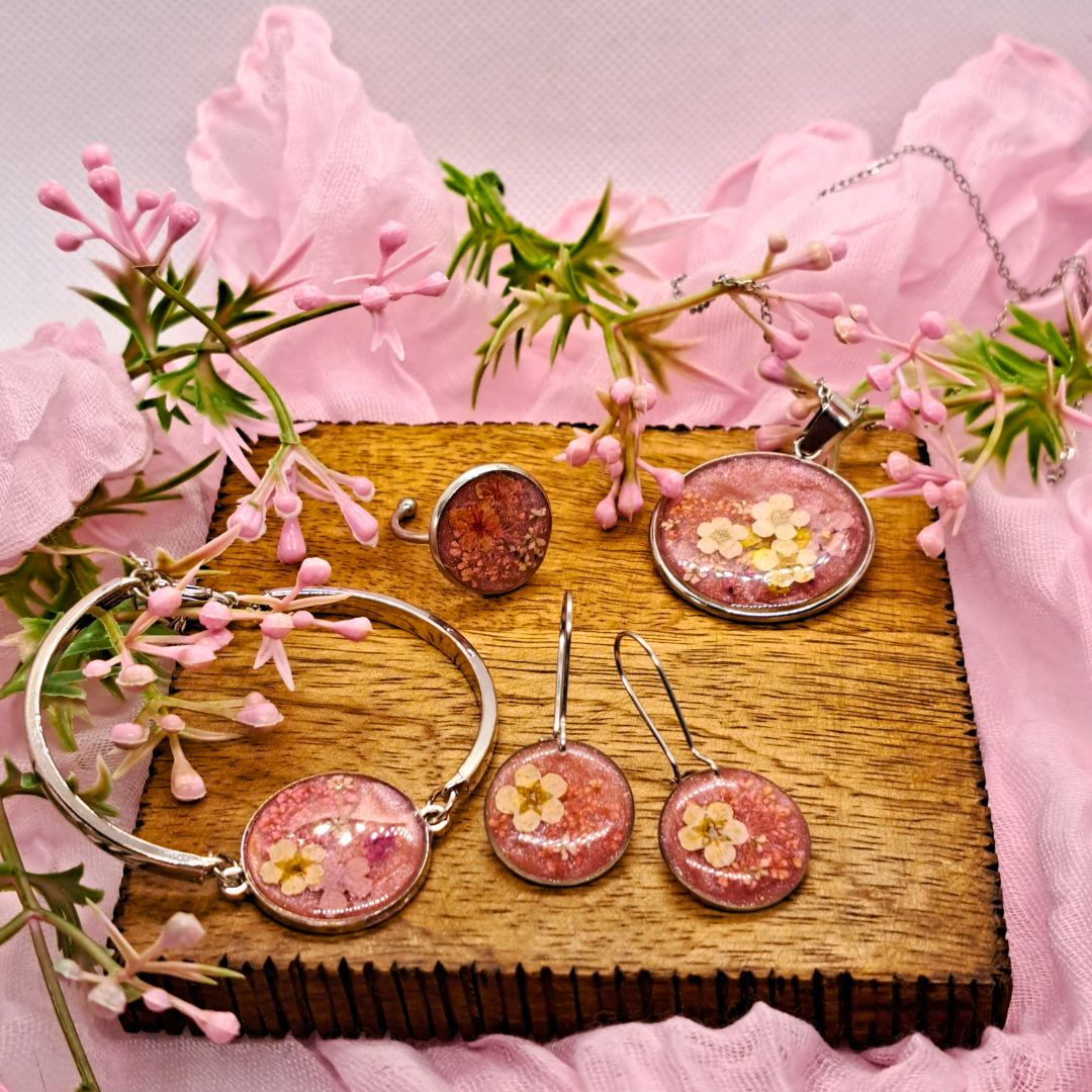 Medium Round Bangle - Real Pink and White Pressed Flowers in Pink Resin Set in Stainless Steel
