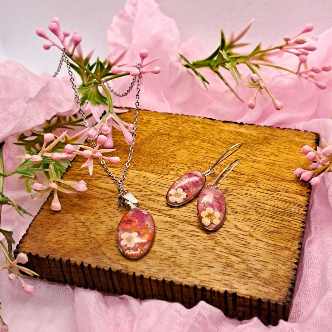 Small Oval Dangle Earring - Real Pink and White Pressed Flowers in Pink Resin Set in Stainless Steel