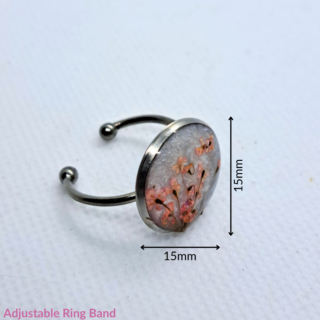 Medium Round Ring - Real Pink Pressed Flowers in White Resin Set in Stainless Steel