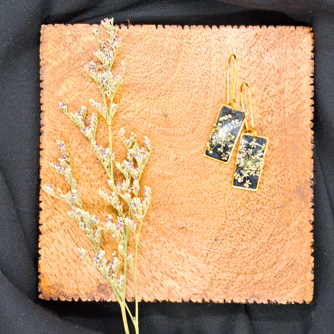 Small Rectangle Dangle Earring - Real White Pressed Flowers in Black Resin Set in Gold-Plated Stainless Steel