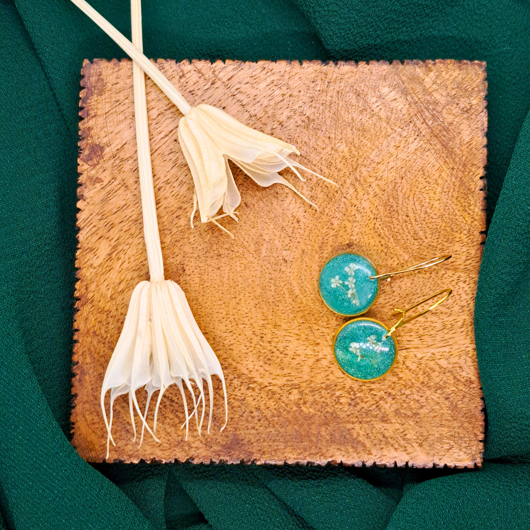 Small Round Dangle Earring - Real White Pressed Flowers in Green Resin Set in Gold-Plated Stainless Steel