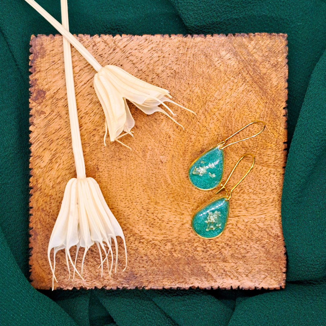Small Tear Drop Dangle Earring - Real White Pressed Flowers in Green Resin Set in Gold-Plated Stainless Steel