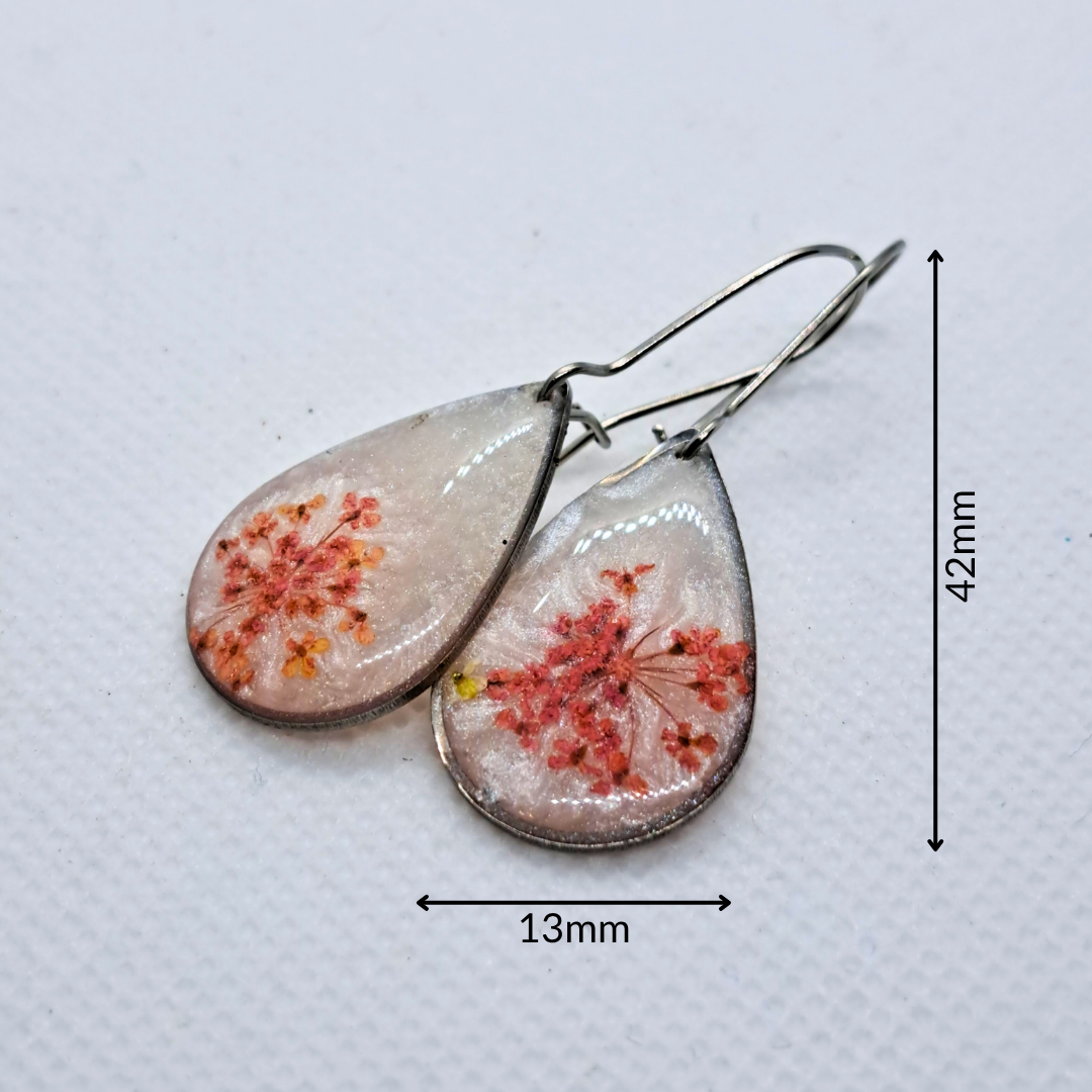 Small Tear Drop Dangle Earring - Real Pink Pressed Flowers in White Resin Set in Stainless Steel