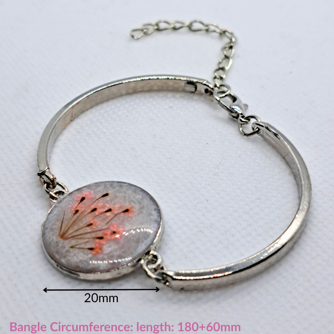 Medium Round Bangle - Real Pink Pressed Flowers in White Resin Set in Stainless Steel