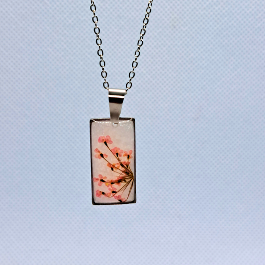 Medium Rectangle Necklace (Chain 45+5cm) - Real Pink Pressed Flowers in White Resin Set in Stainless Steel