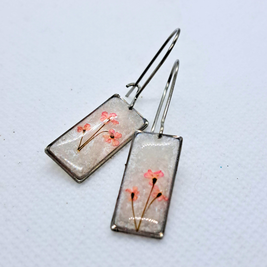 Small Rectangle Dangle Earring - Real Pink Pressed Flowers in White Resin Set in Stainless Steel