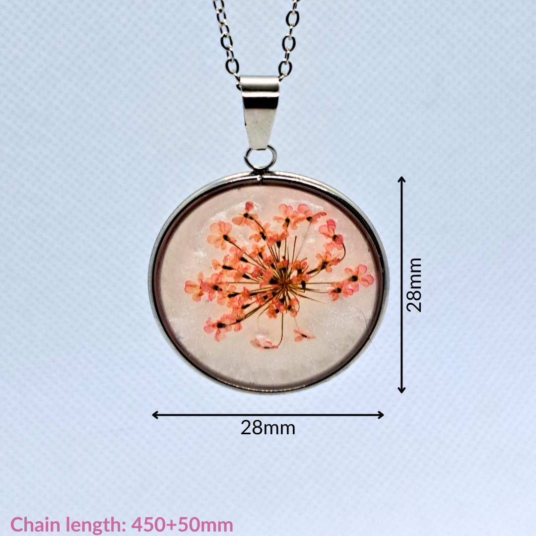 Medium Round Necklace (Chain 45+5cm) - Real Pink Pressed Flowers in White Resin Set in Stainless Steel