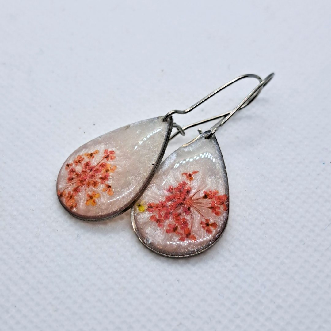 Small Tear Drop Dangle Earring - Real Pink Pressed Flowers in White Resin Set in Stainless Steel