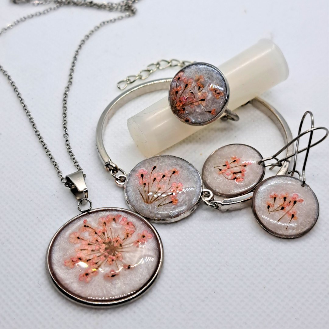 Medium Round Bangle - Real Pink Pressed Flowers in White Resin Set in Stainless Steel