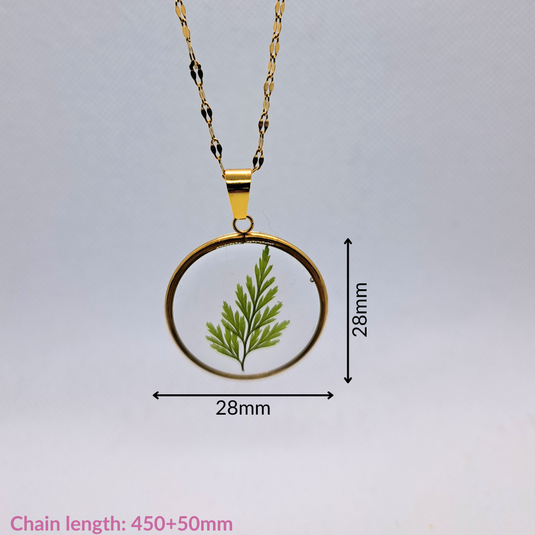Medium Round Necklace (Chain 45+5cm) - Real Pressed Leaf in Resin Set in Gold-Plated Stainless Steel