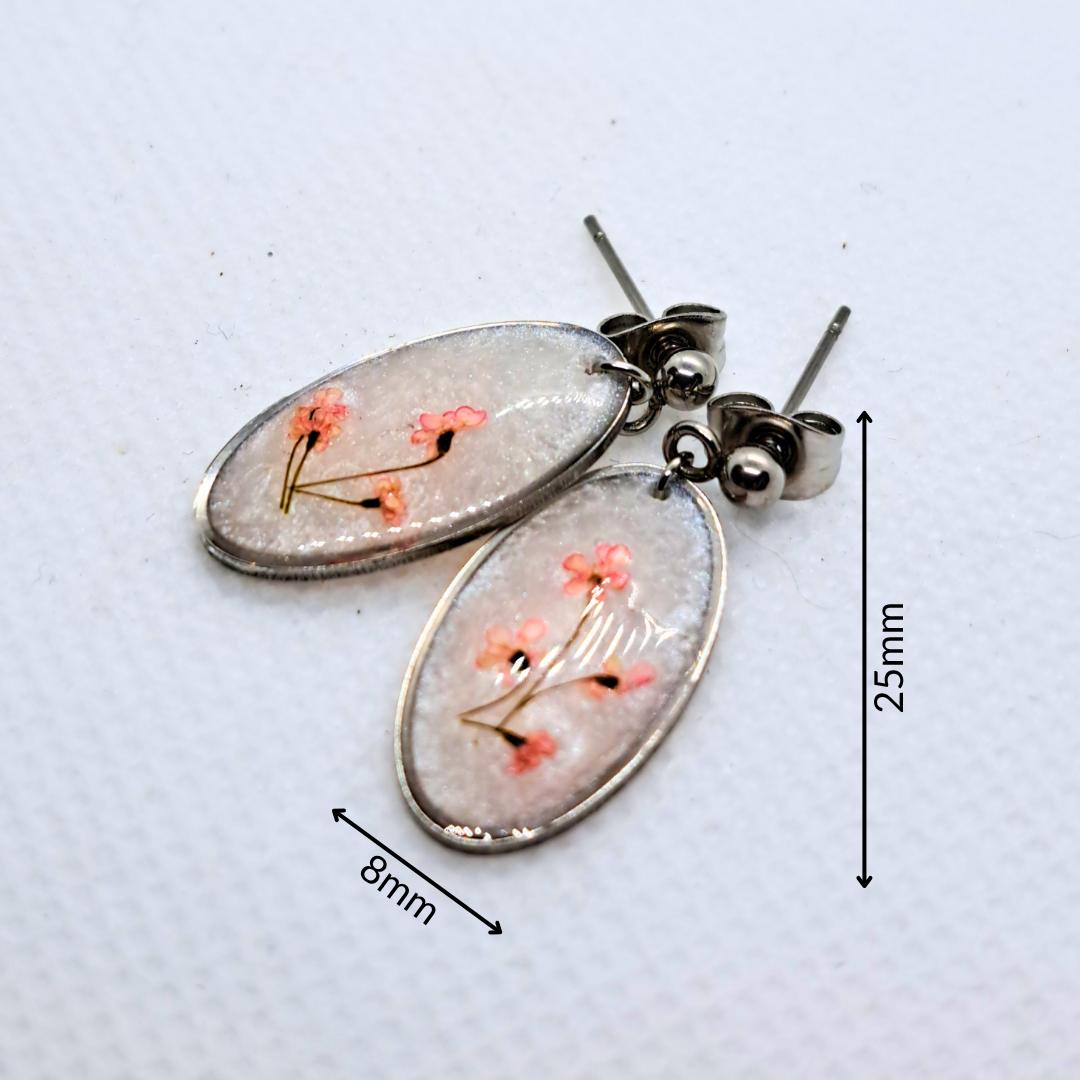 Small Oval Dangle Earring - Real Pink Pressed Flowers in White Resin Set in Stainless Steel