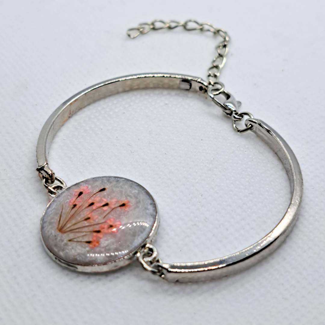 Medium Round Bangle - Real Pink Pressed Flowers in White Resin Set in Stainless Steel