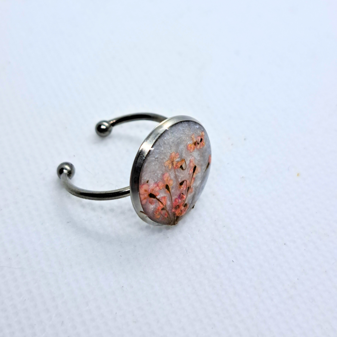 Medium Round Ring - Real Pink Pressed Flowers in White Resin Set in Stainless Steel