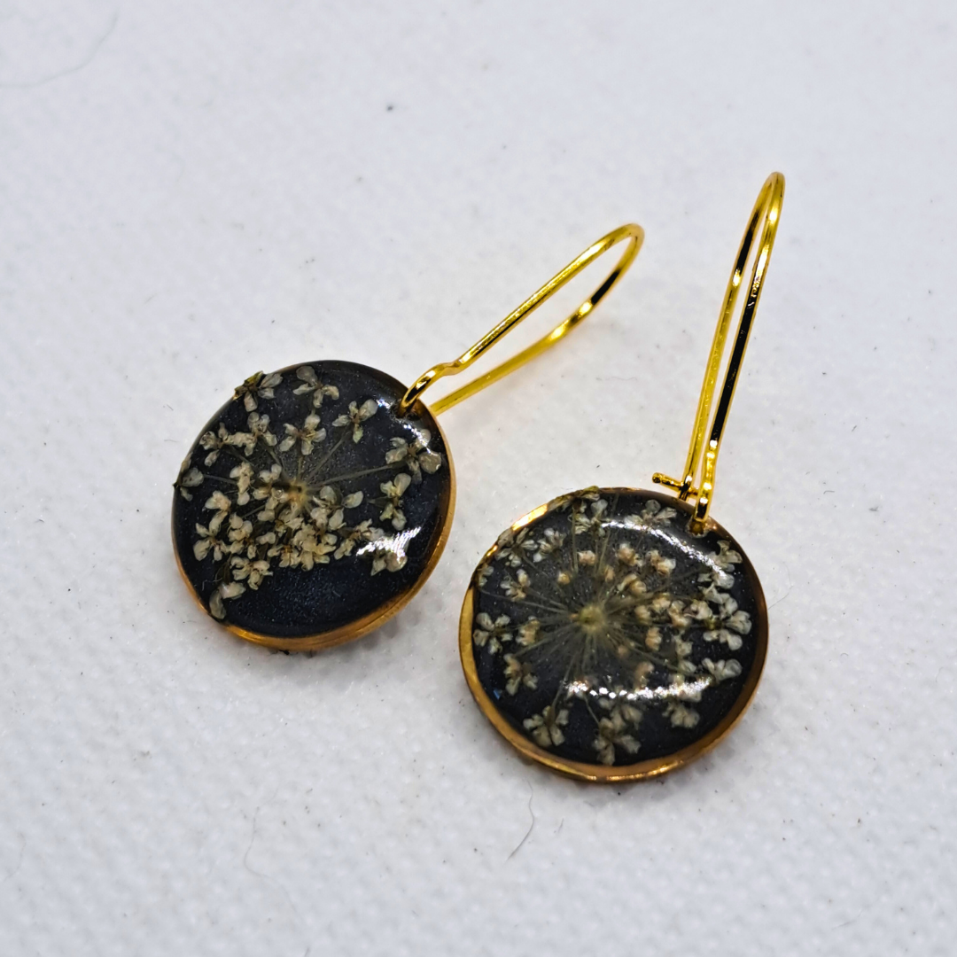 Small Round Dangle Earring - Real White Pressed Flowers in Black Resin Set in Gold-Plated Stainless Steel