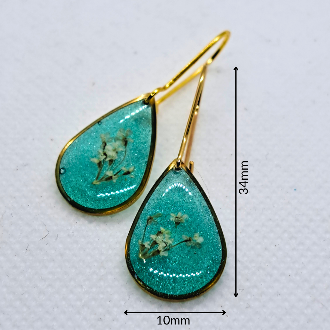 Small Tear Drop Dangle Earring - Real White Pressed Flowers in Green Resin Set in Gold-Plated Stainless Steel