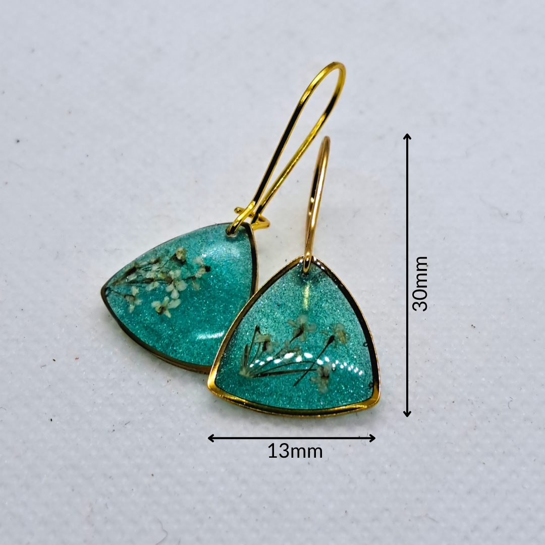 Small Curved Triangle Dangle Earring - Real White Pressed Flowers in Green Resin Set in Gold-Plated Stainless Steel