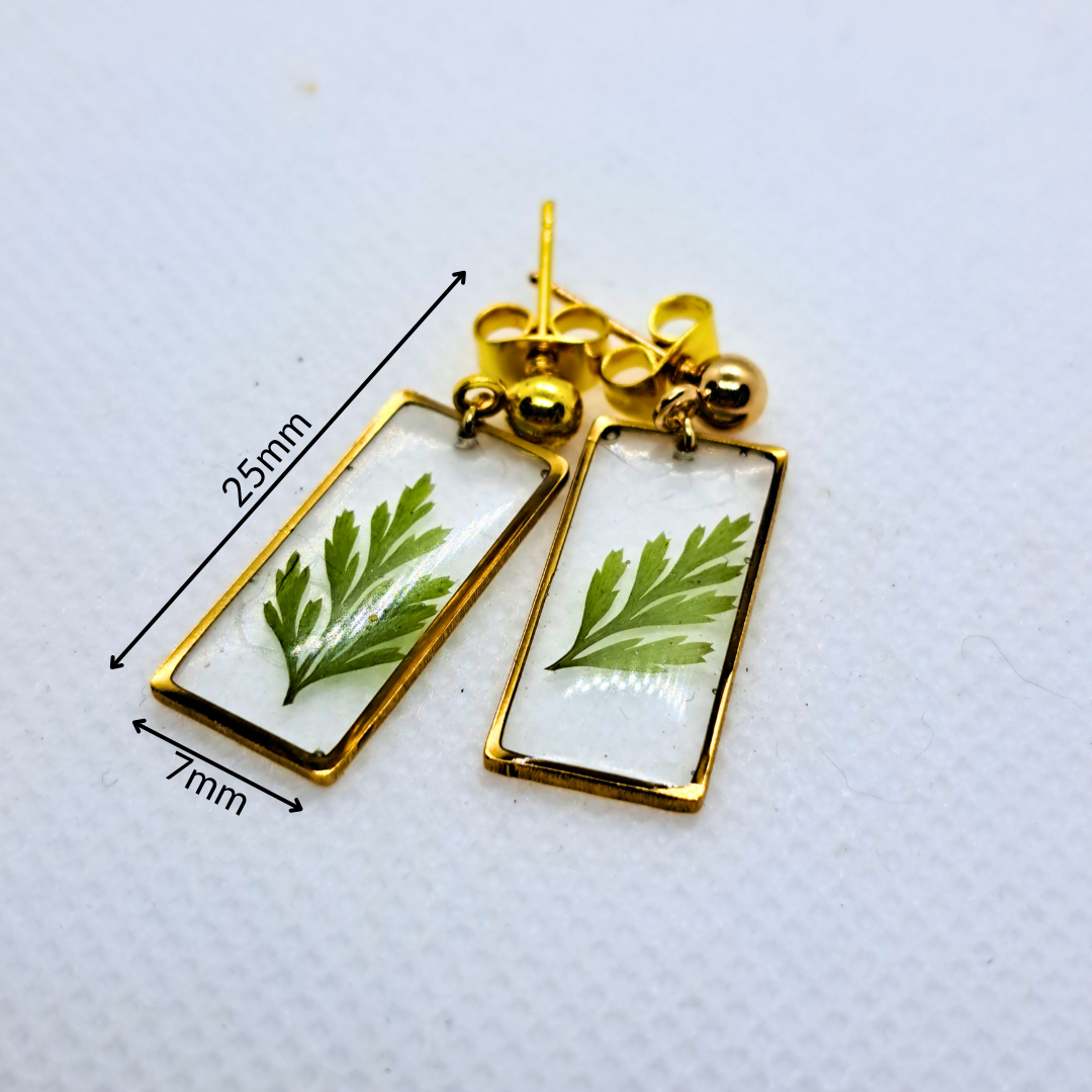 Small Rectangle Dangle Earring - Real Pressed Leaf in Resin Set in Gold-Plated Stainless Steel