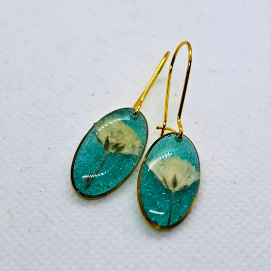 Small Oval Dangle Earring - Real White Pressed Flowers in Green Resin Set in Gold-Plated Stainless Steel