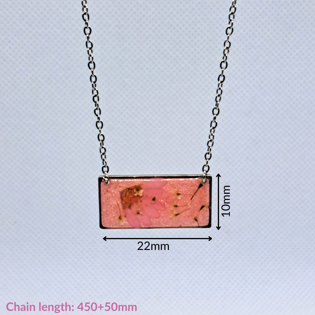 Medium Rectangle Necklace (Chain 45+5cm) - Real Pink and White Pressed Flowers in Pink Resin Set in Stainless Steel