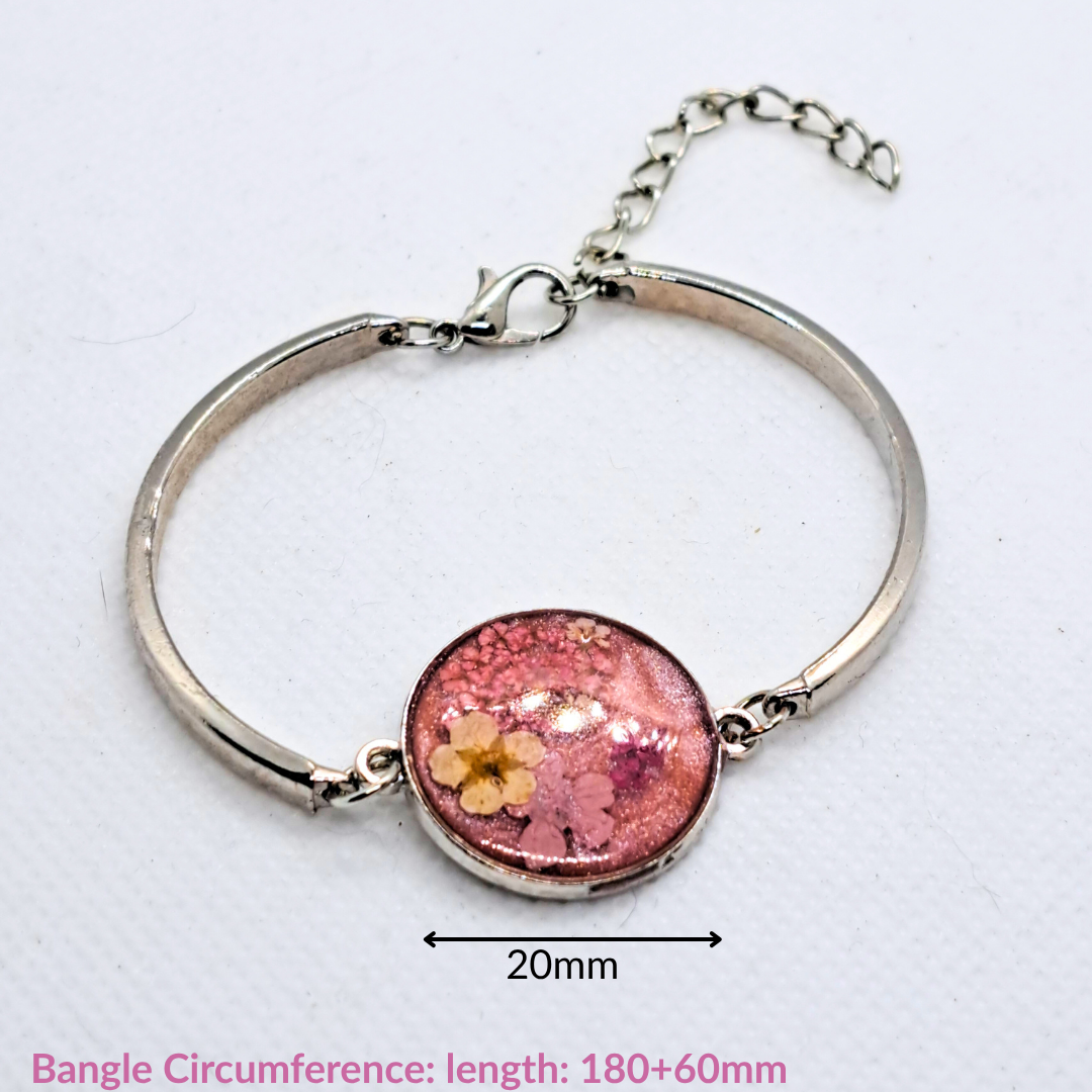 Medium Round Bangle - Real Pink and White Pressed Flowers in Pink Resin Set in Stainless Steel
