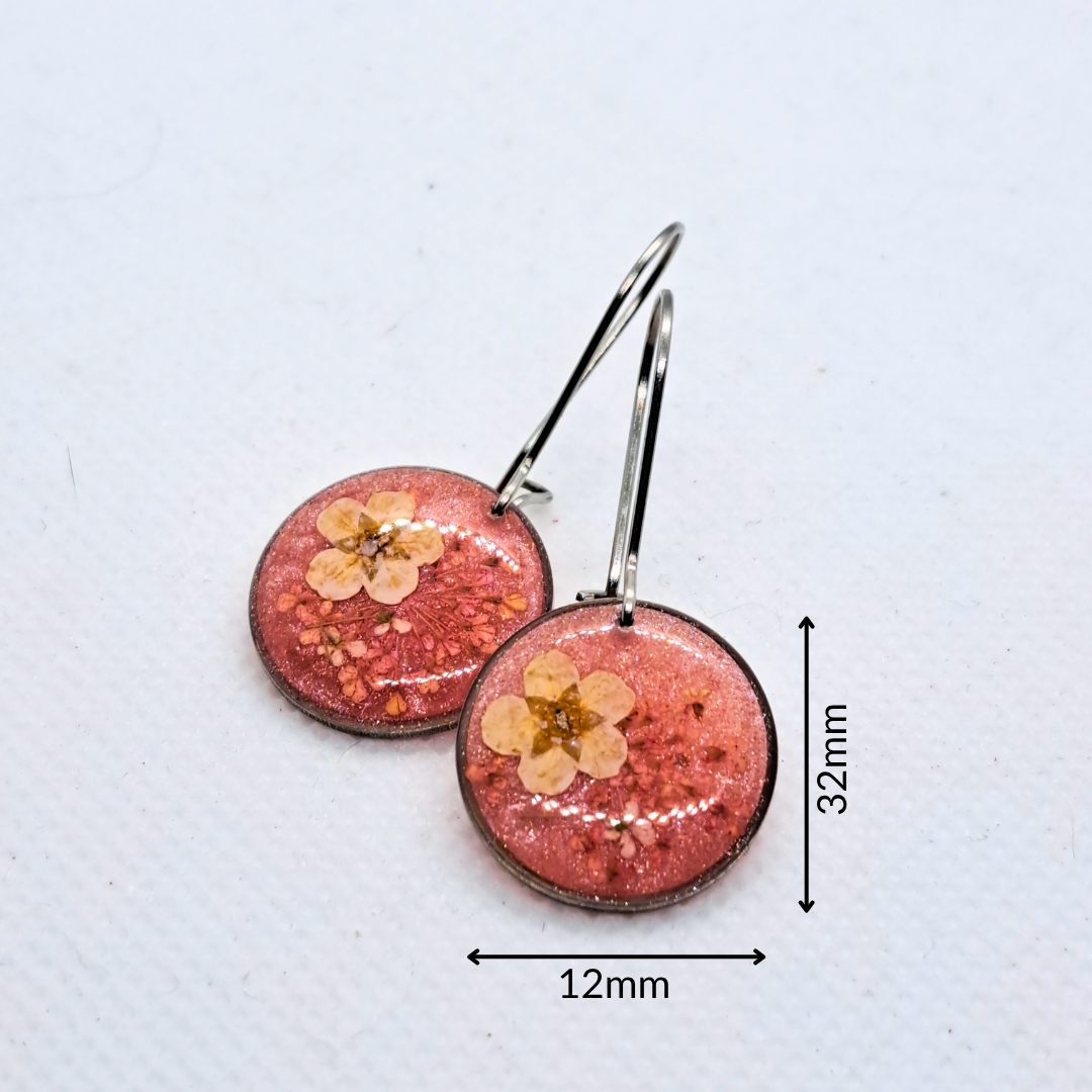 Small Round Dangle Earring - Real Pink and White Pressed Flowers in Pink Resin Set in Stainless Steel