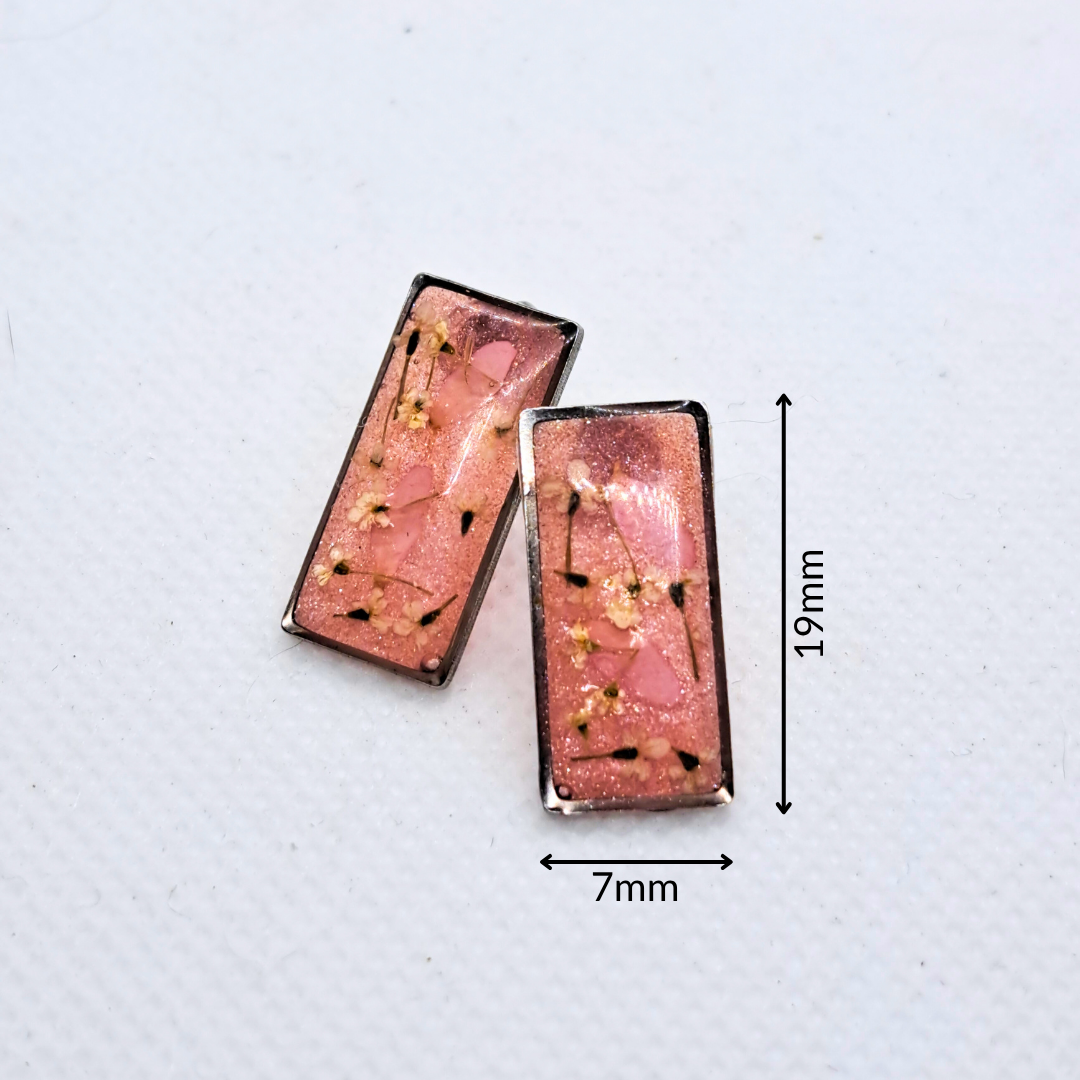 Small Rectangle Stud Earring - Real Pink and White Pressed Flowers in Pink Resin Set in Stainless Steel