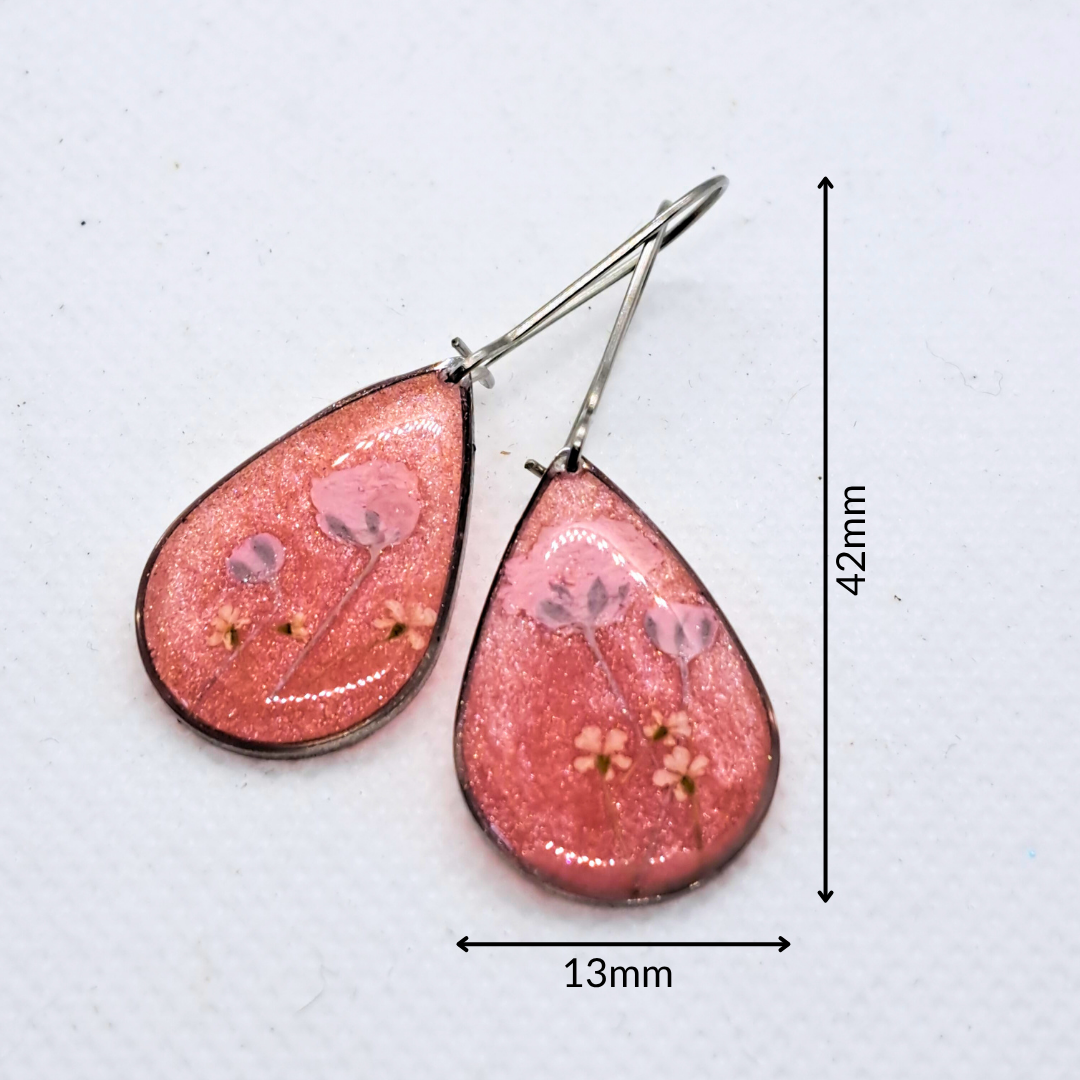 Small Tear Drop Dangle Earring - Real Pink and White Pressed Flowers in Pink Resin Set in Stainless Steel