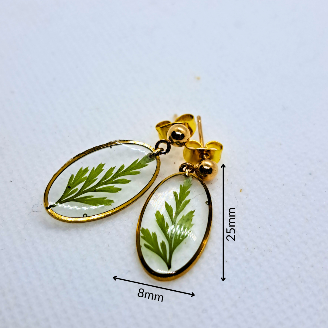 Small Oval Dangle Earring - Real Pressed Leaf in Resin Set in Gold-Plated Stainless Steel