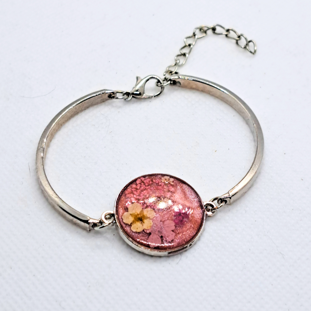 Medium Round Bangle - Real Pink and White Pressed Flowers in Pink Resin Set in Stainless Steel