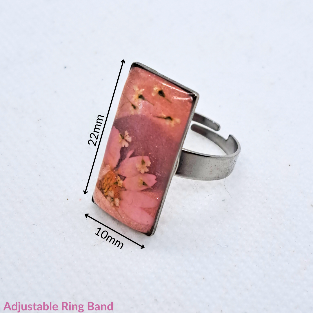 Medium Rectangle Ring - Real Pink and White Pressed Flowers in Pink Resin Set in Stainless Steel