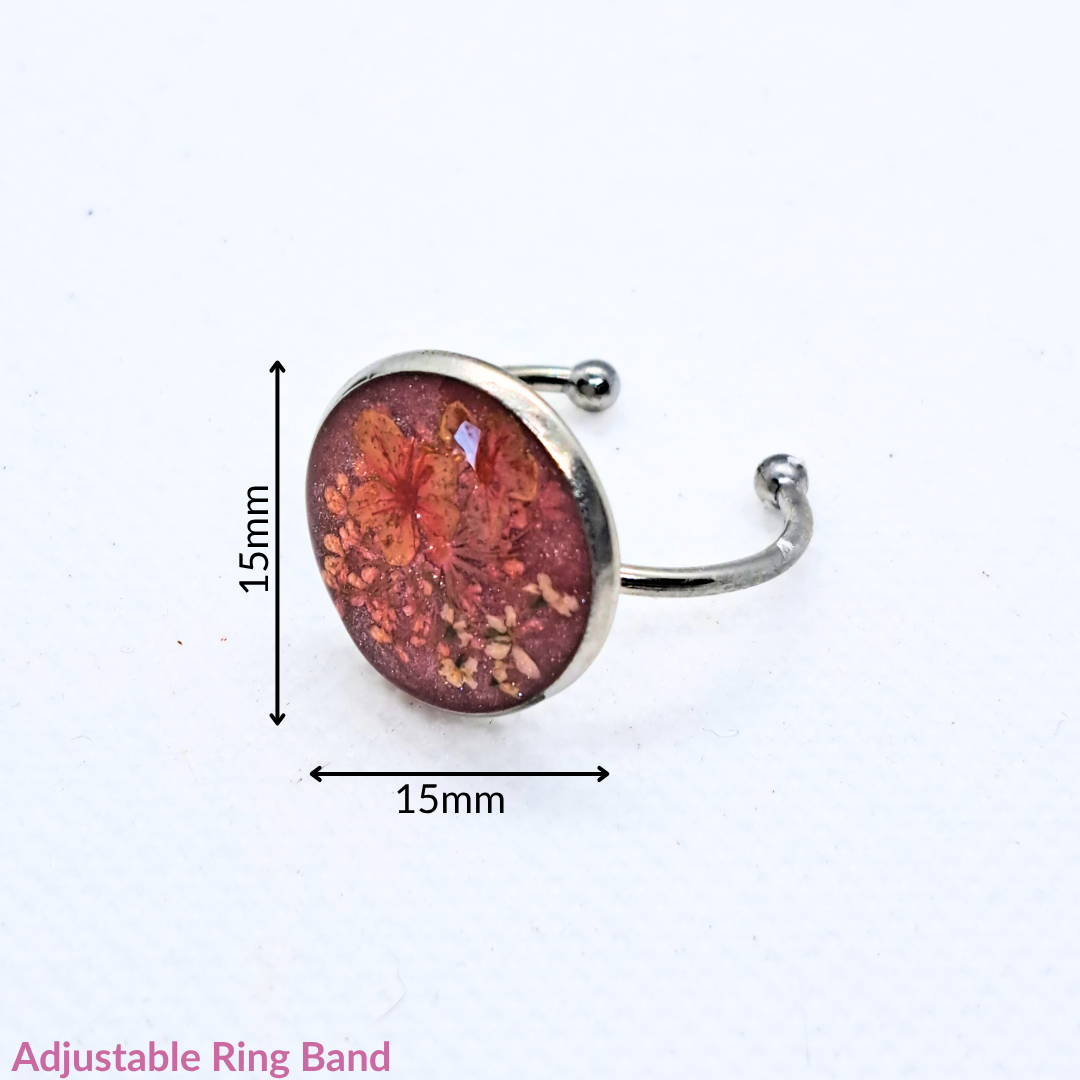 Medium Round Ring - Real Pink and White Pressed Flowers in Pink Resin Set in Stainless Steel