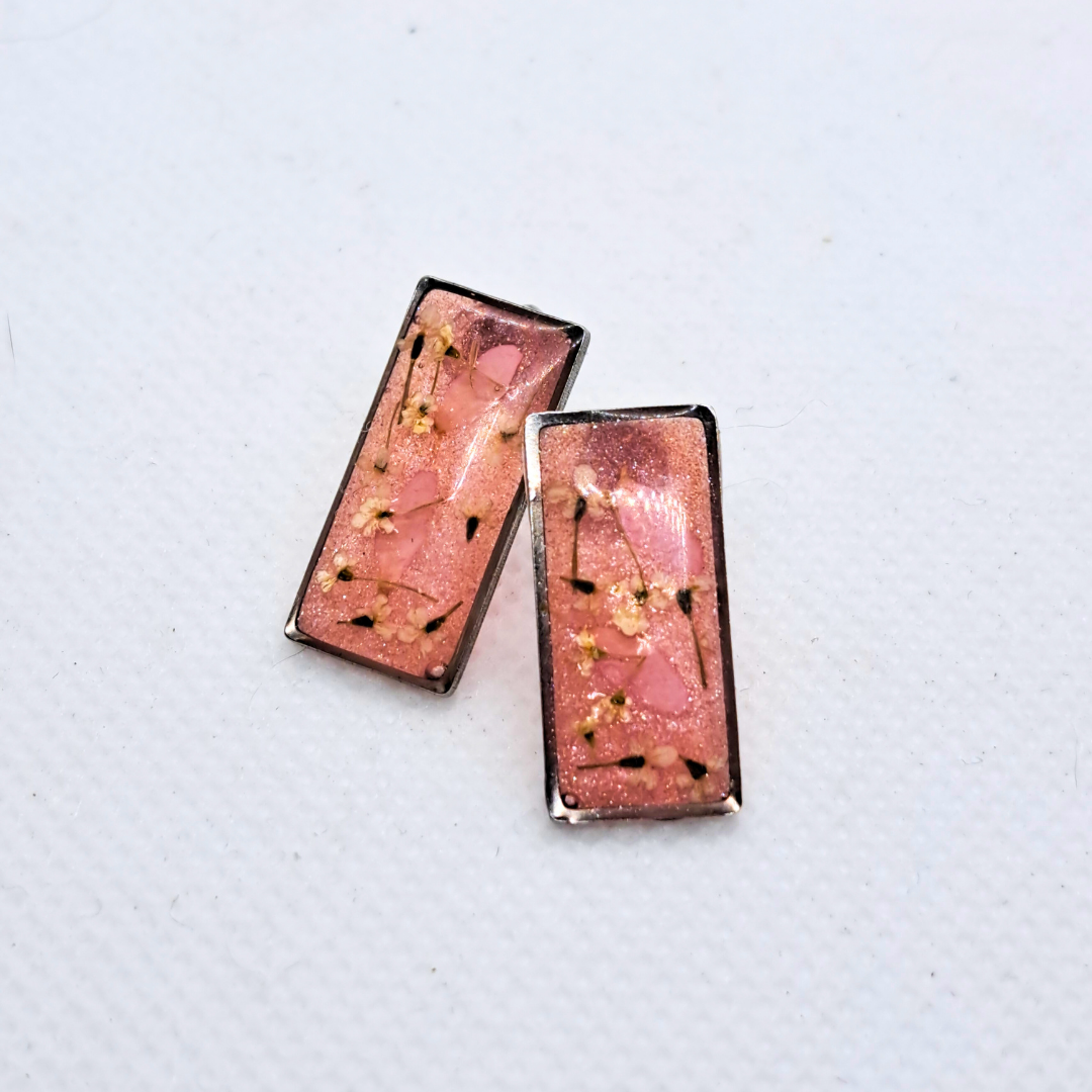 Small Rectangle Stud Earring - Real Pink and White Pressed Flowers in Pink Resin Set in Stainless Steel