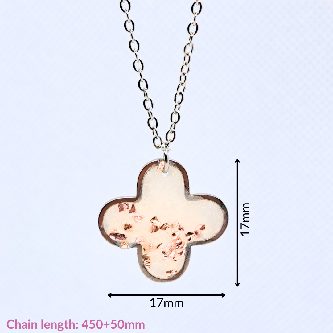 Medium Cross Necklace (Chain 45+5cm) - with Pink Crushed Glass in White Resin Set in Stainless Steel